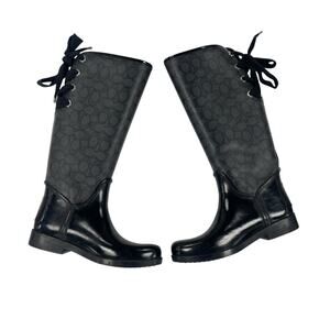 Coach Tristee Rubber Coated Canvas Rain Boots Lace Tie Back Black Gray Womens 7